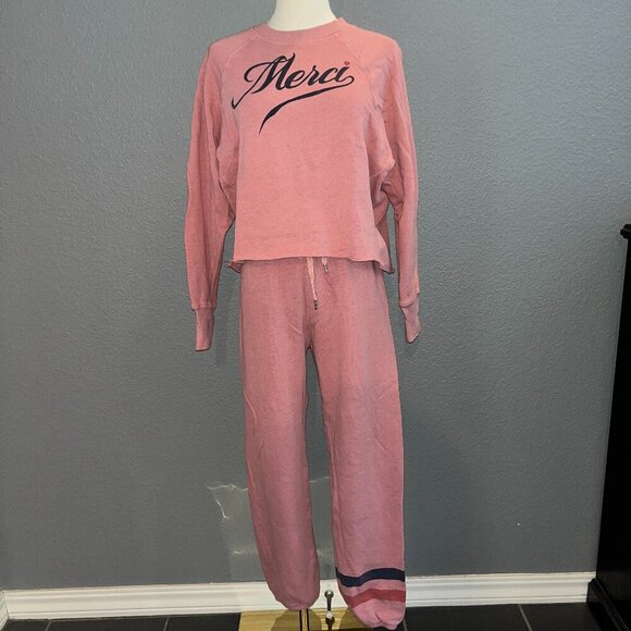 ANTHROPOLOGIE SUNDRY "Merci" SWEATSUIT CROPPED SWEATSHIRT & SWEATPANTS Sizes 1/0 - Picture 1 of 16